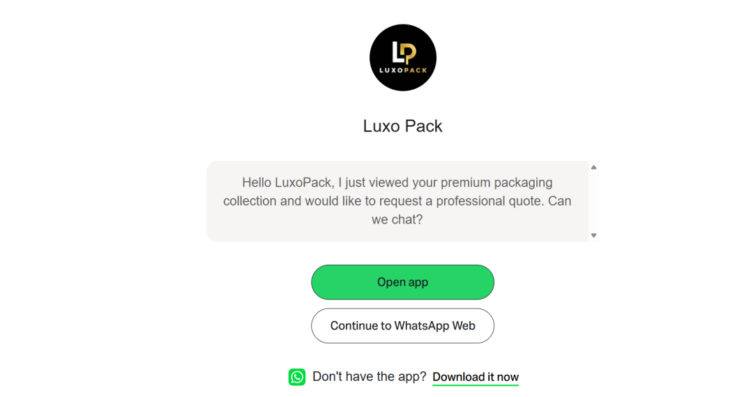 站点上的 WhatsApp 一键对话入口（LuxoPack，带预填话术）